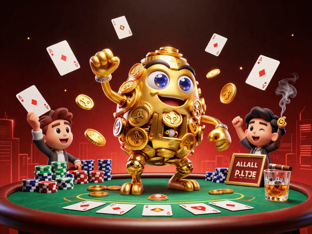 Win at Mahjong with a dynamic illustration featuring a golden golem, poker chips, and vibrant effects.