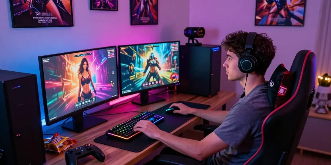 Engaging gamer enjoying a sex simulator on vibrant gaming setup.