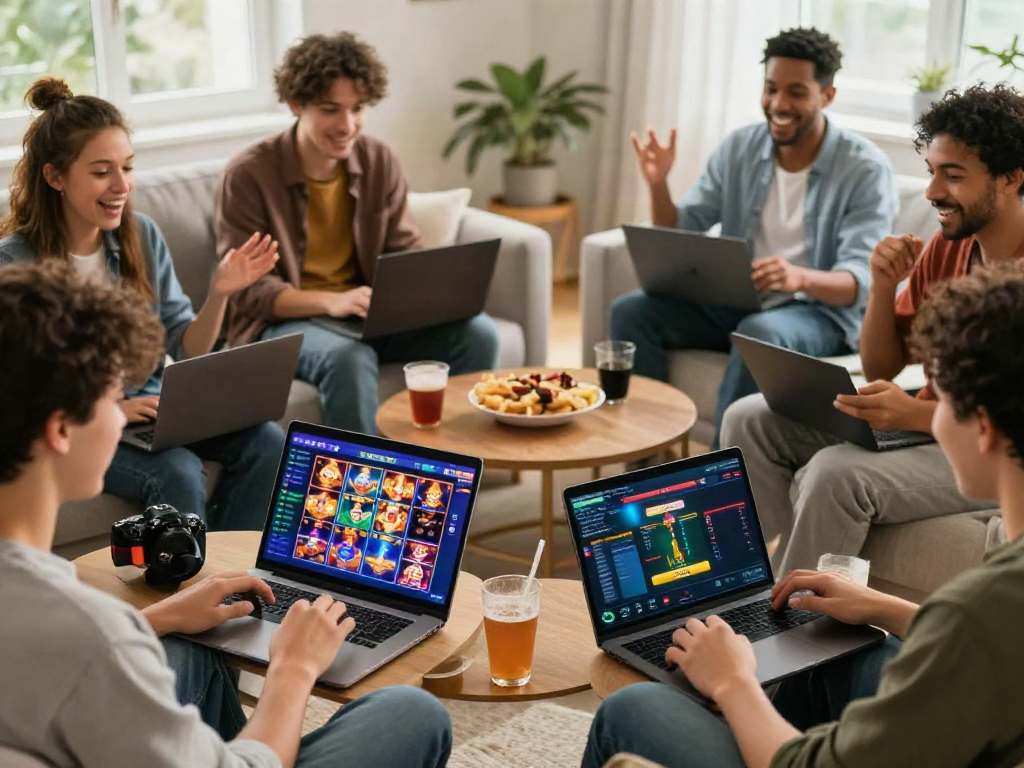 Excited players on the trang chủ debet using laptops and tablets in a cozy living room, showcasing vibrant online gaming.