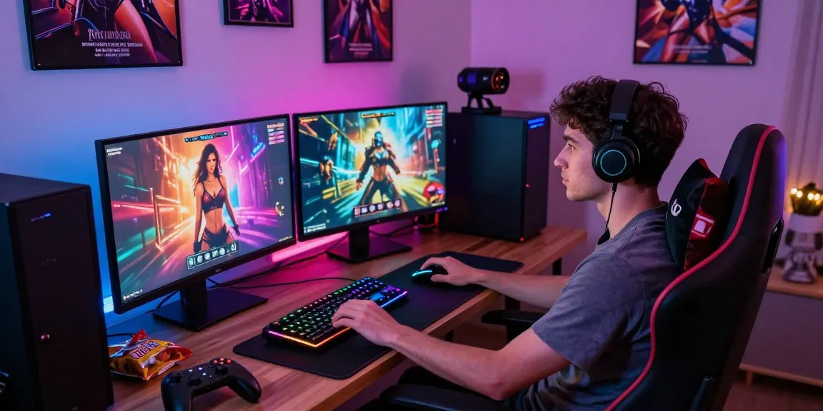 Engaging gamer enjoying a sex simulator on vibrant gaming setup.