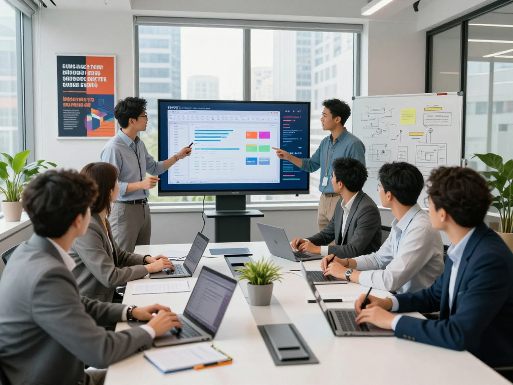动态办公会议场景,团队使用WPS Office展示数据可视化,氛围充满合作精神。