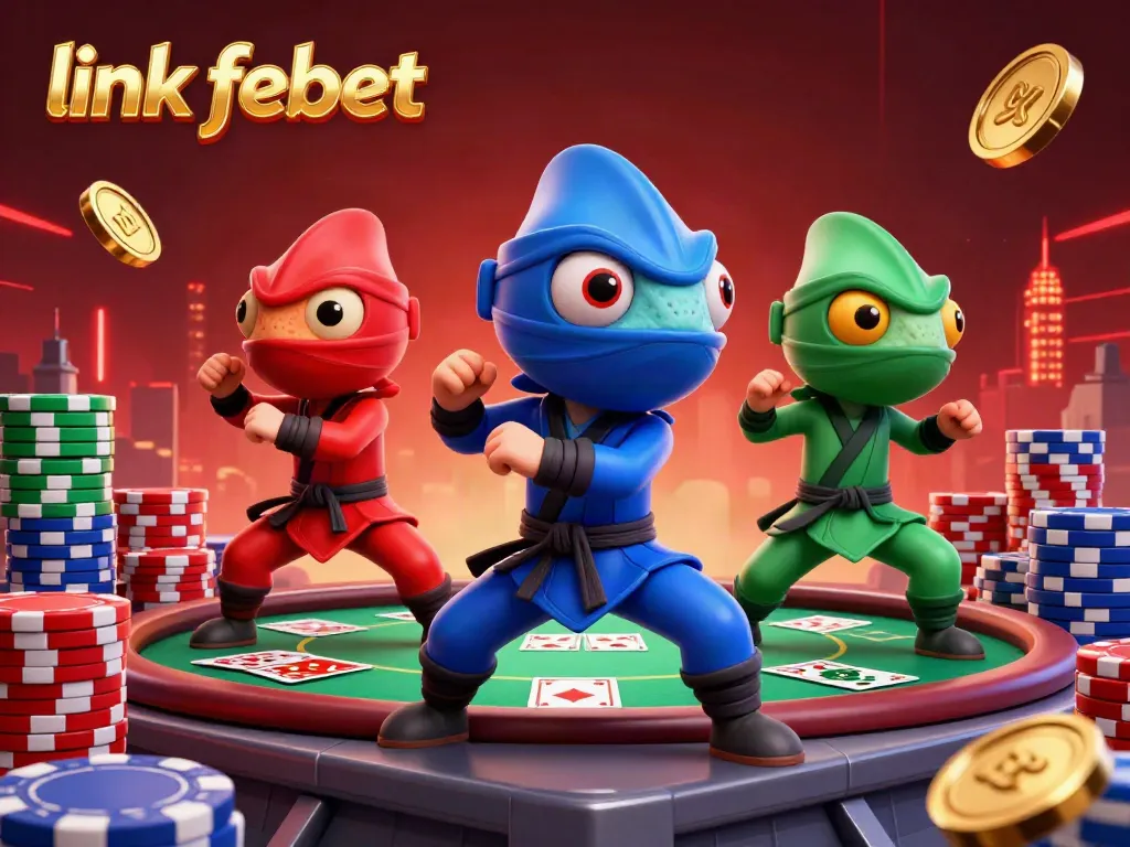 Engage with the exciting scene of 3D cartoon ninja chameleons showcasing martial arts, embodying the thrill of link febet.