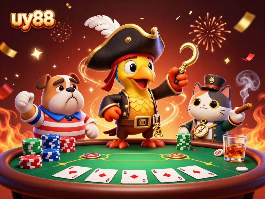 Experience the excitement of uy88 as a pirate captain and friends play cards amidst vibrant casino elements.