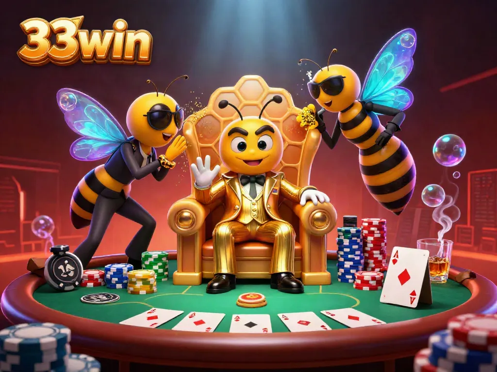 Engage with 33win in this vibrant 3D illustration featuring a cartoon mob boss and poker elements.