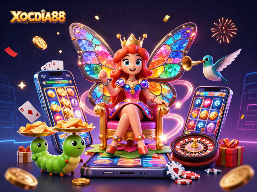 Experience exciting wins with XOCDIA88 as colorful slot games spin and coins erupt.