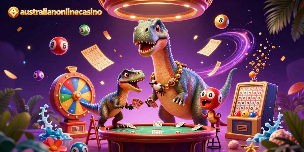 Experience thrilling gameplay with australianonlinecasino featuring a giant brontosaurus and clever raptor at a casino.