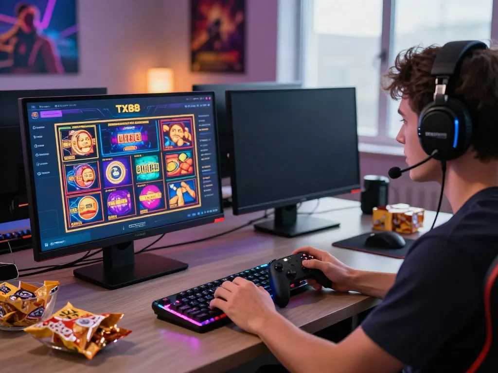 Engaging gaming setup at https://tx88bet.vip/ with player enjoying slot games on dual monitors and vibrant LED lighting.