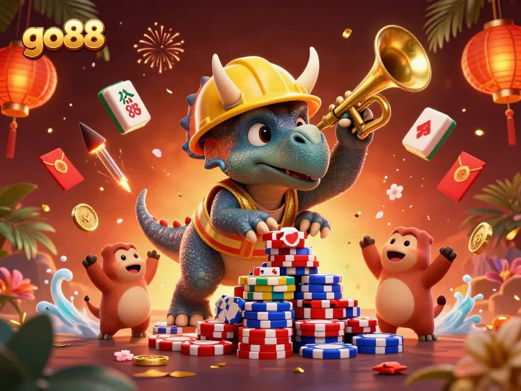 Celebrate go88 gameplay with animated dinosaurs stacking poker chips in this vibrant casino scene.