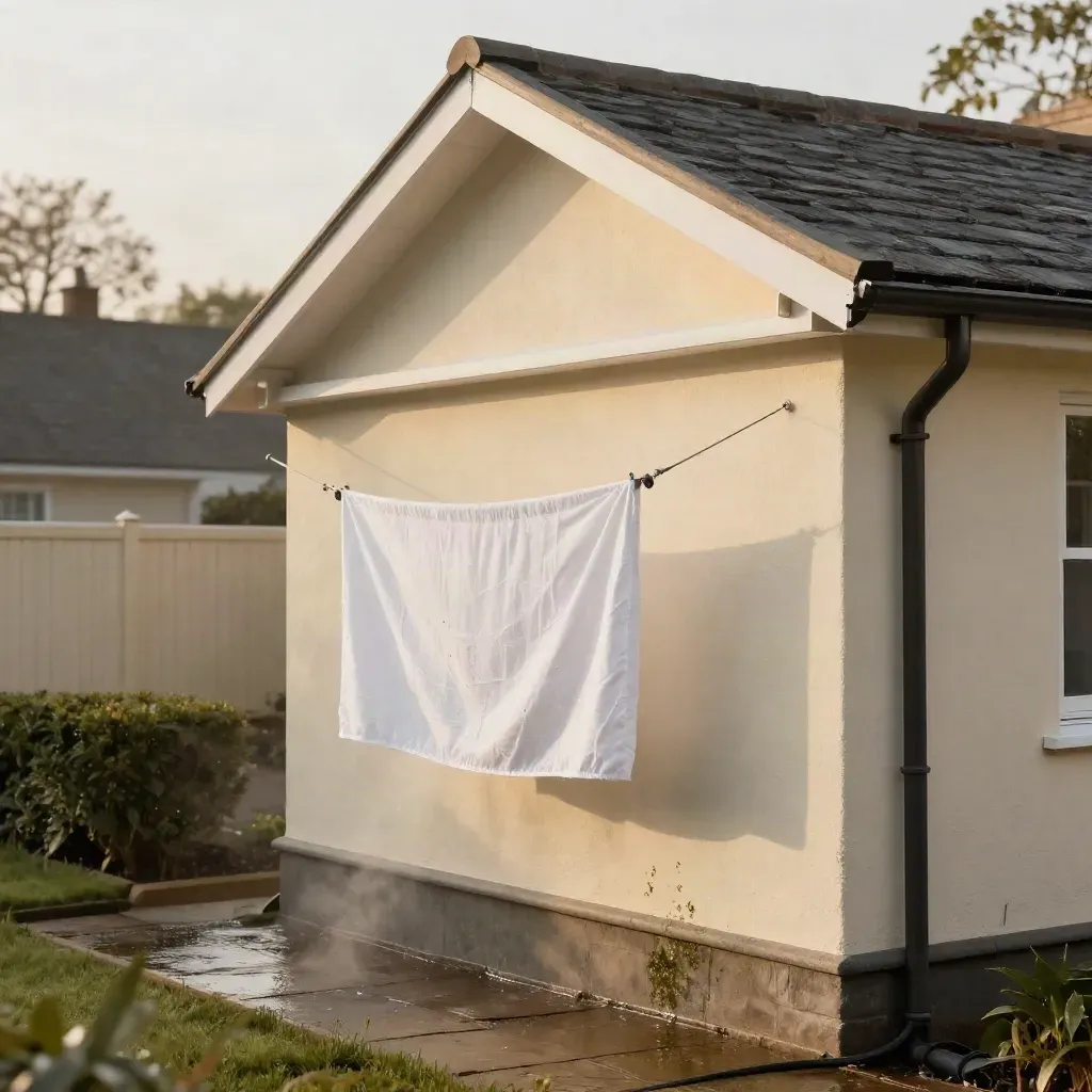 Cleaned gable wall with fascia and soffit, fresh wash line, and soft rinse mist in a garden.