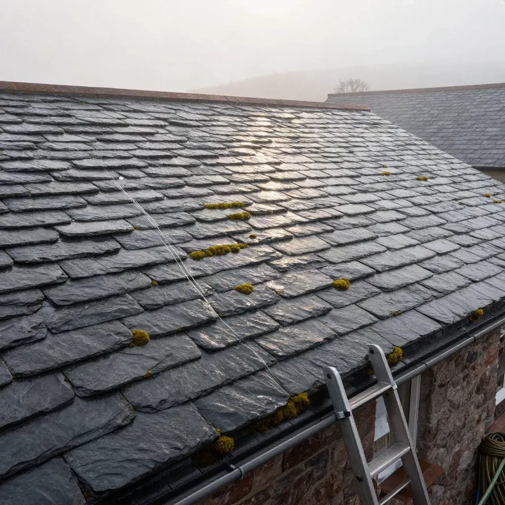 Dawn roof moss removal on a wet slate roof with ladder, hose, and cleared gutter line.