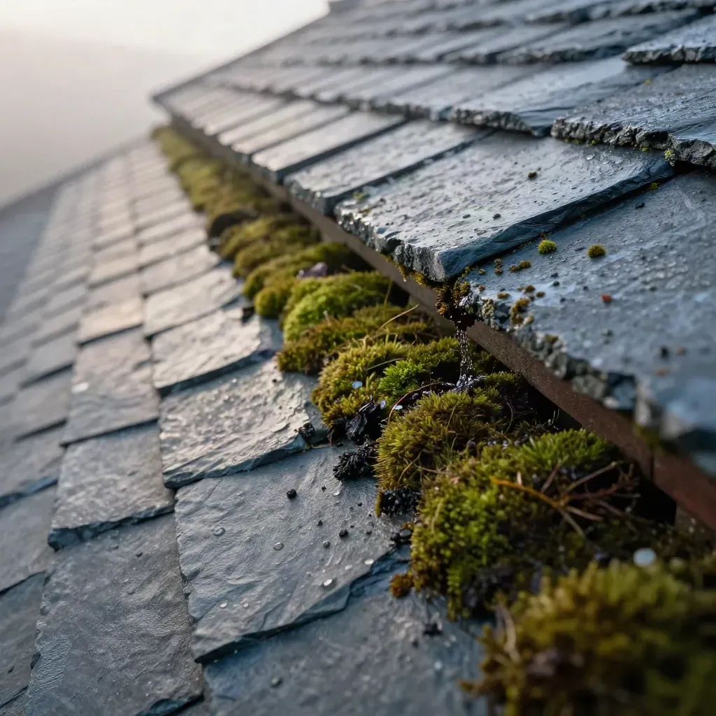 Extreme macro of a slate roof with a cleaned stripe, moss, and water running clear.