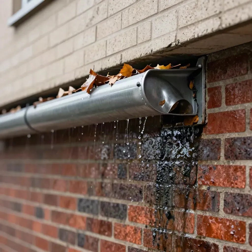 Water flushing a cleaned aluminum gutter and downpipe above a wet brick wall.