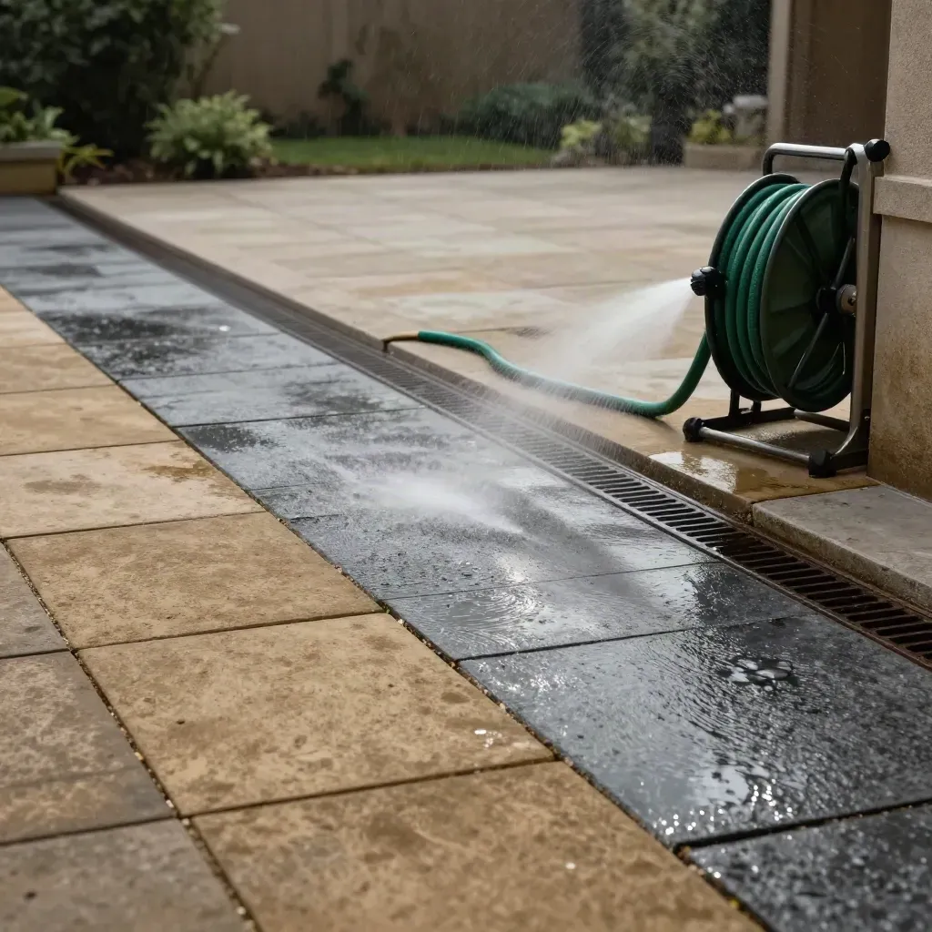 Freshly washed patio paving with hose reel, drain grid and wet sheen