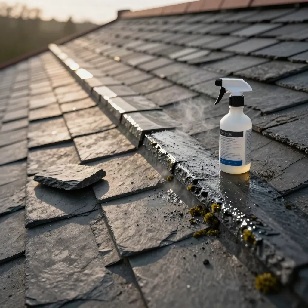 Slate roof tiles gleaming with moss-control treatment beside a spray bottle and slate offcut.
