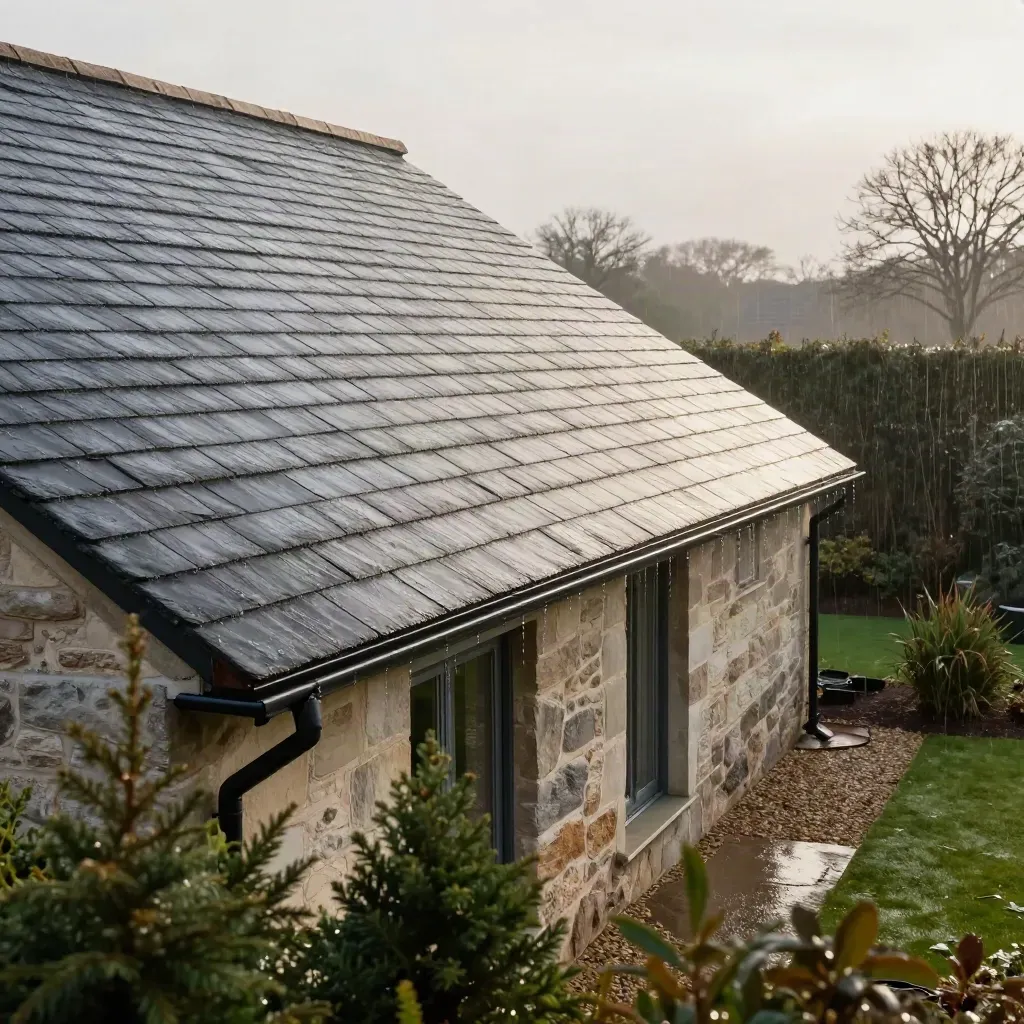 Cleared slate roof with empty gutters and winter mist over a garden