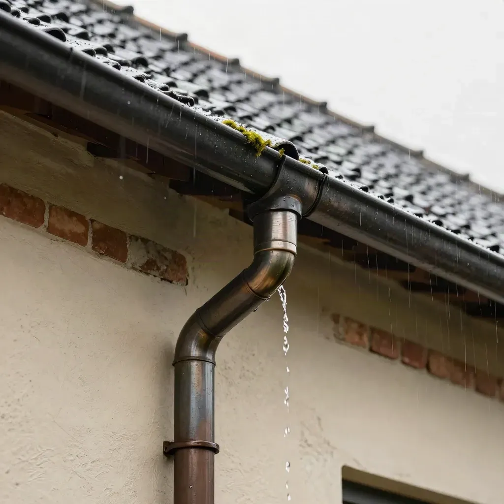 Rain-cleared gutter and downpipe above a dry wall beneath wet roof eaves.