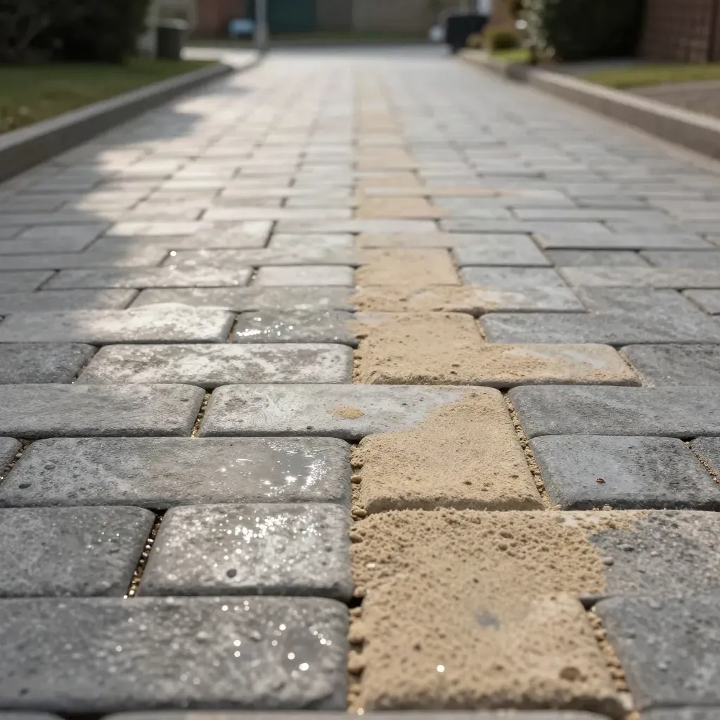 Freshly washed block paving with wet sparkle and a swept bright finish
