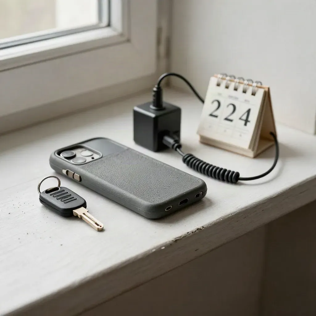 Weathered dispatch tools on a shelf: phone, key fob, charger and calendar cube.