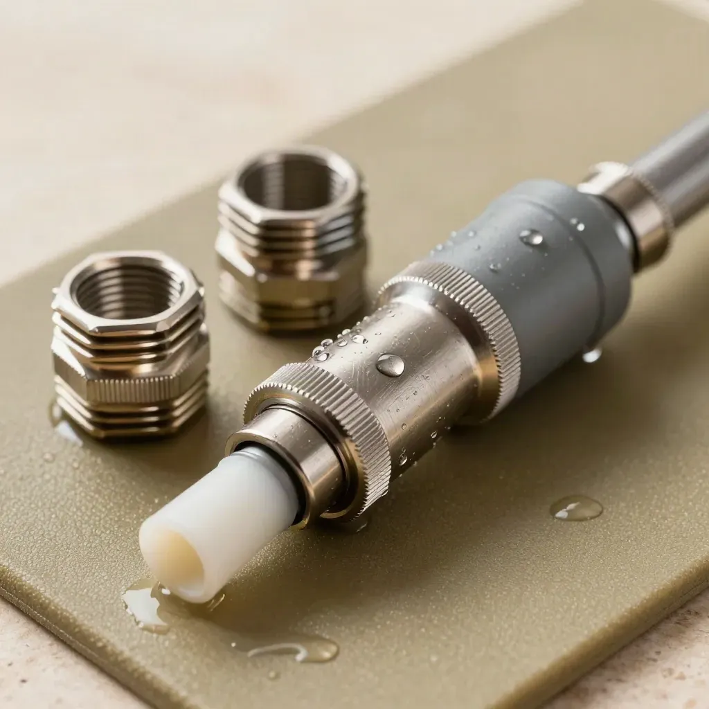 Rinsed soft-wash nozzle parts on a wet rubber mat with water beads and metal highlights.
