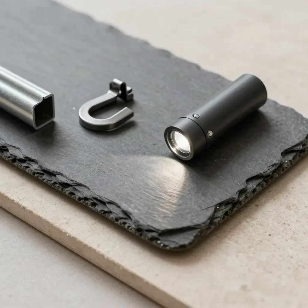 Slate, gutter offcut, roof hook, and torch arranged on pale stone for inspection.