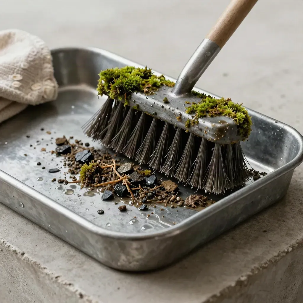 Galvanized tray with moss rake head, wet brush, roof debris, and runoff on pale concrete.