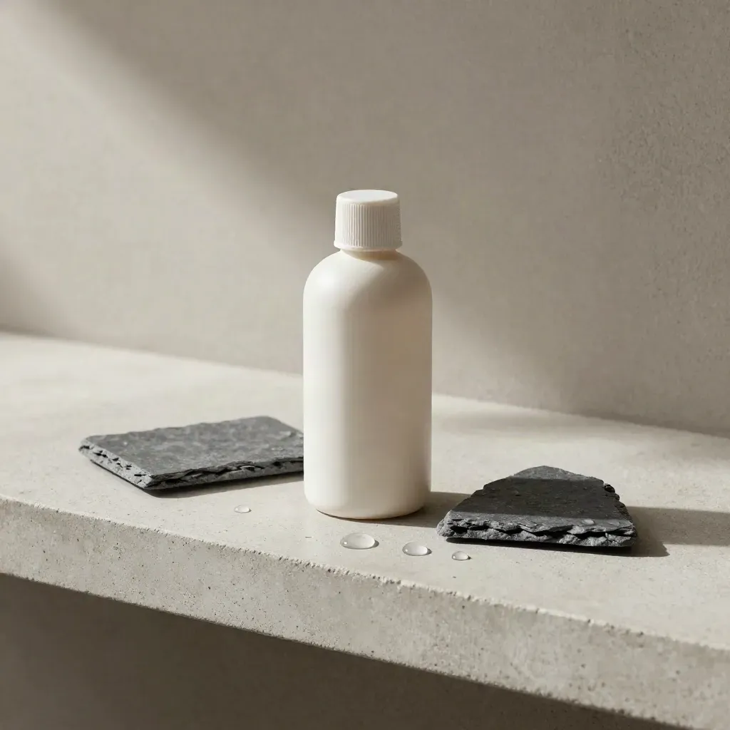 Slate bottle, nozzle cap and stone chip on a concrete shelf with mist and droplets.