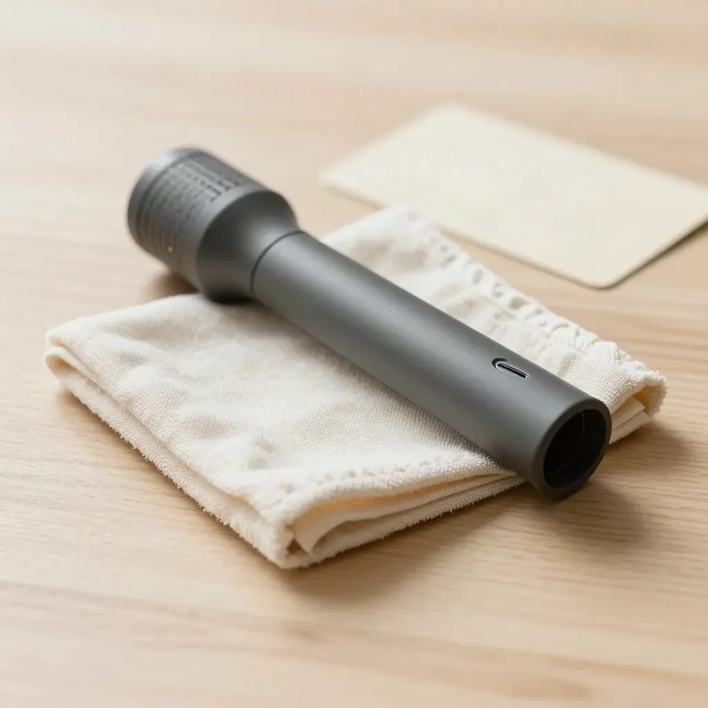 Inspection torch, microfiber cloth and roof tile offcut on pale wood, lit by soft daylight.