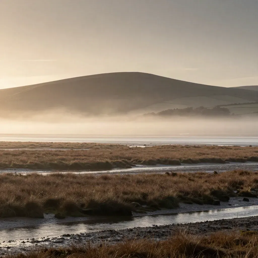 Devon estuary at dawn with Dartmoor above misty tidal flats