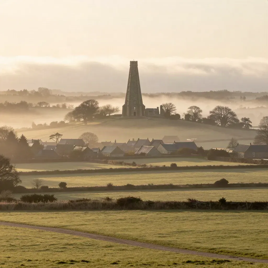 Sunrise over Somerset with Glastonbury Tor above misty fields and limestone rooftops.