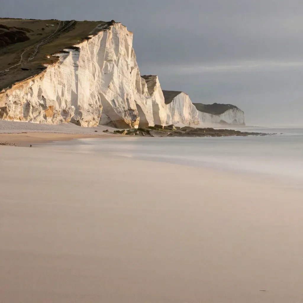 Dorset chalk cliffs above a calm misty coast with open space for copy