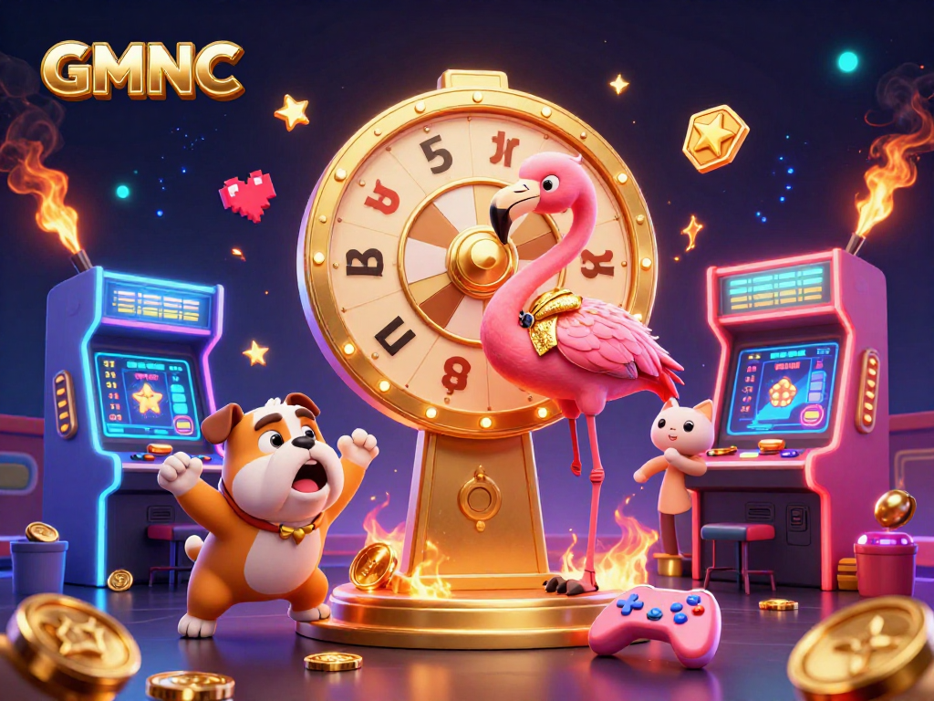 Experience thrilling gaming action with GMNC's lively scene featuring a flamingo host and winning prizes.