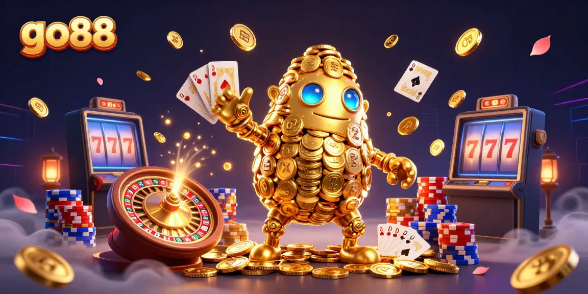 Experience go88 gameplay with vibrant casino elements and a golden golem in a stunning 3D scene.