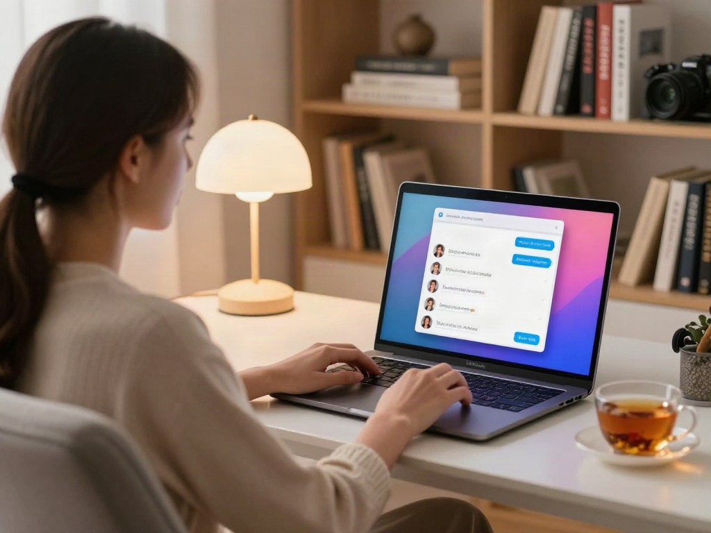 A warm and inviting home office scene featuring a user engaged in ai porn chat on a sleek laptop with colorful chat interface.