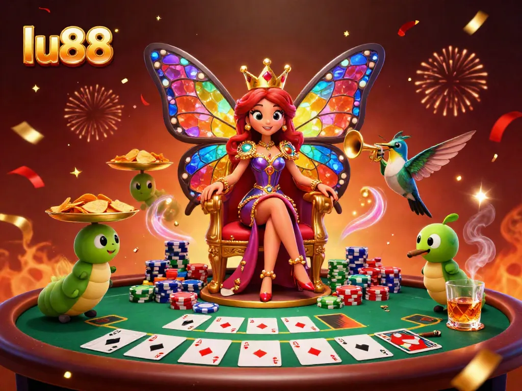 lu88 engages players with a vibrant casino scene featuring a butterfly queen and poker elements.