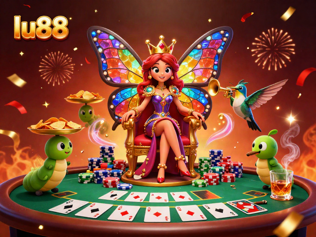 lu88 engages players with a vibrant casino scene featuring a butterfly queen and poker elements.