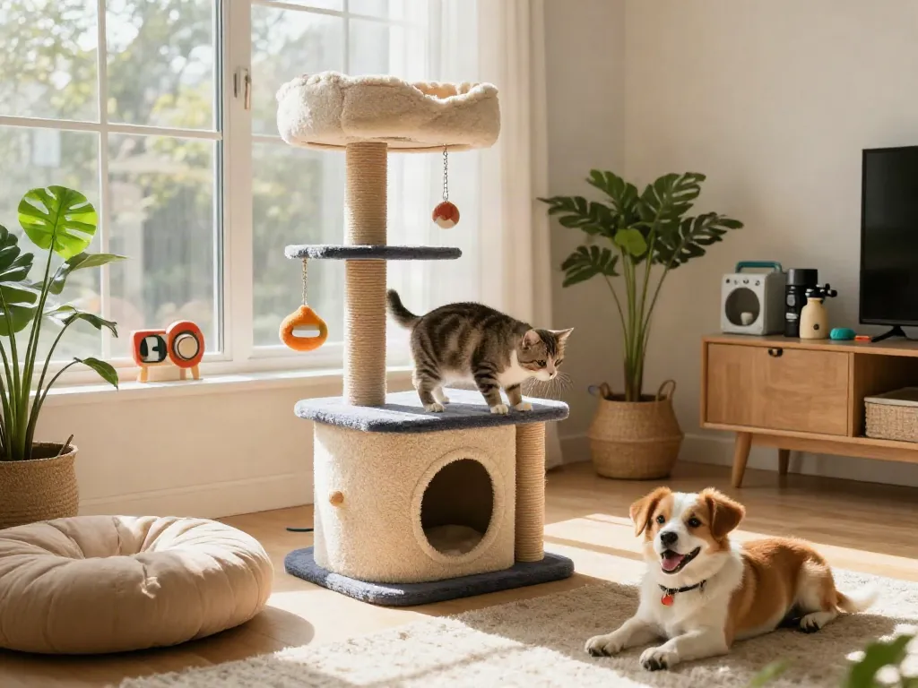 Interactive cat trees for lively pets in a stylish living room.