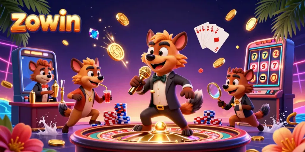 Zowin casino scene showcasing hyenas in action with gold coins and vibrant game elements.