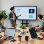 Team collaborating on AI agents in a modern tech workspace, discussing data visualizations and coding tools.
