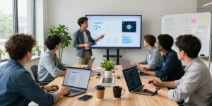 Team collaborating on AI agents in a modern tech workspace, discussing data visualizations and coding tools.