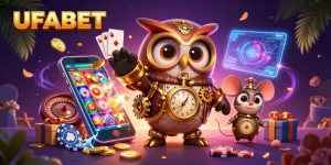 Experience the excitement of betting at UFABET with a 3D illustration showcasing vibrant casino elements and characters.
