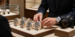 Showcase of rolex super clone watches in an elegant retail setting, highlighting luxury and craftsmanship.
