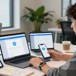 Accessing Telegram Web through a laptop in a modern workspace.