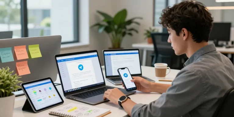 Accessing Telegram Web through a laptop in a modern workspace.
