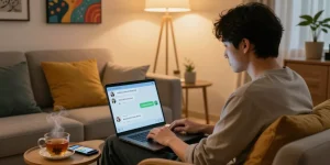 Engaging in NSFW AI chat on a laptop in a cozy living room ambiance, enhancing user experience.