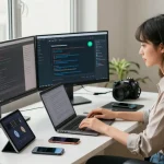 WhatsApp下載 in a modern tech workspace with a woman using a laptop, featuring tech gadgets and a bright atmosphere.