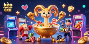 Bet on kèo nhà cái with a vibrant and lively gambling scene featuring cartoon characters and casino elements.