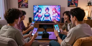 Players enjoying an ecchi AI chat experience in a lively living room setting, showcasing interactive gaming and character engagement.