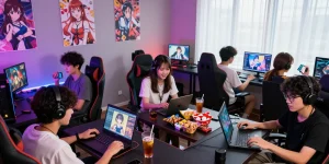 Group playing ecchi games in a vibrant gaming lounge with colorful LED lights.