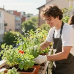 Balcony garden maintained by trusted local gardener, showcasing beautiful plants and community services.