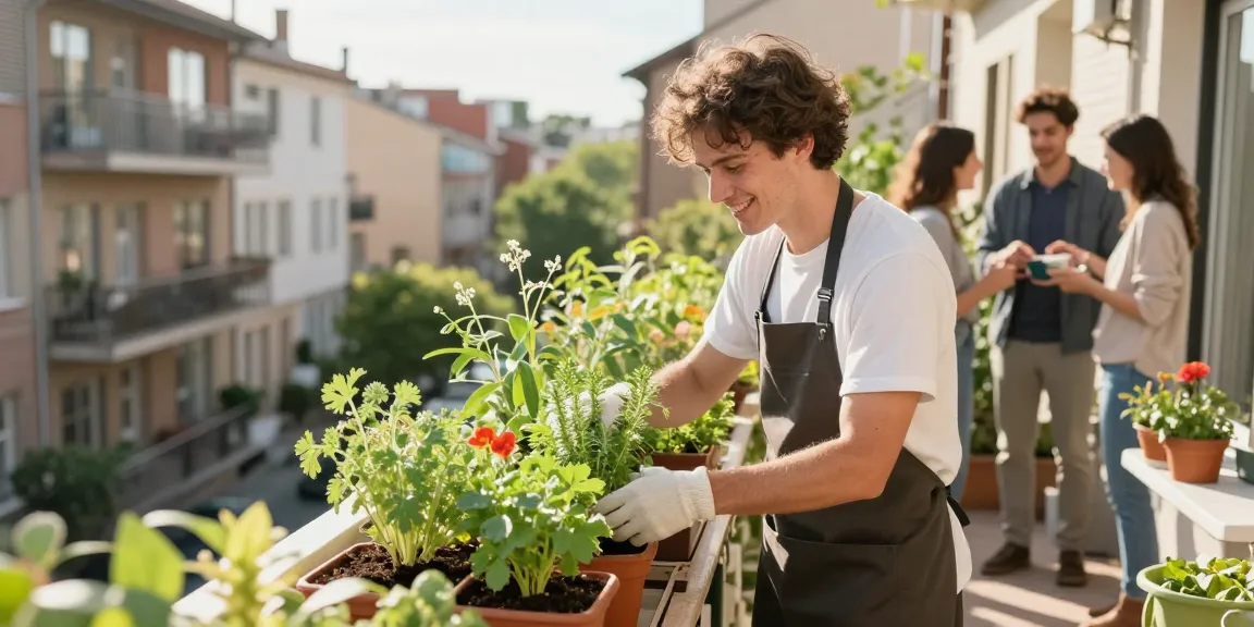Balcony garden maintained by trusted local gardener, showcasing beautiful plants and community services.